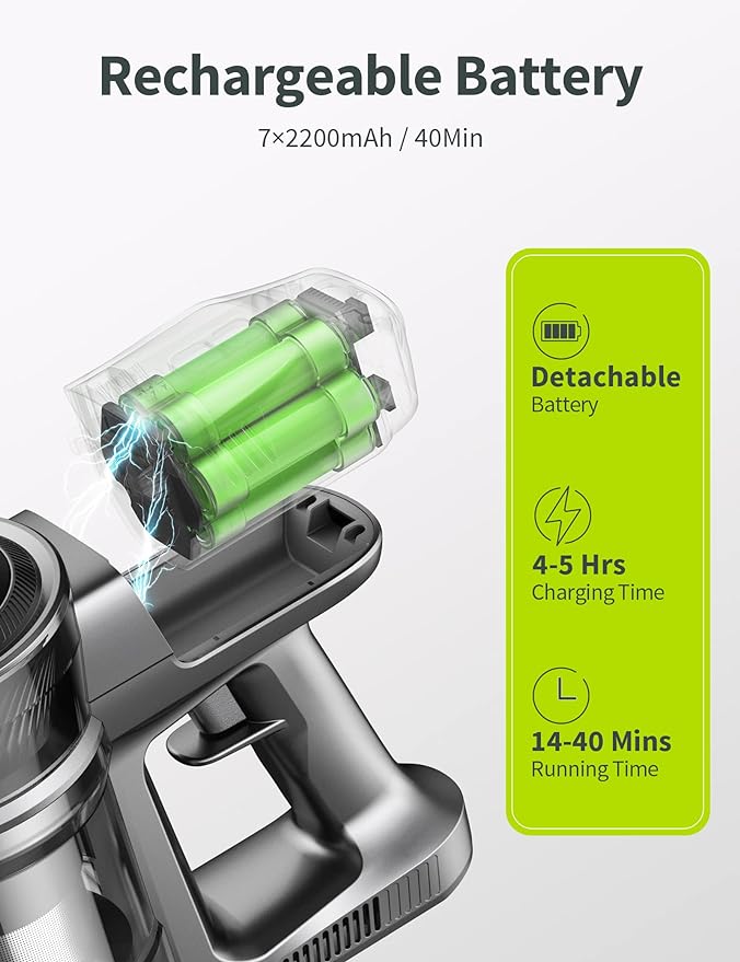 Kalado Cordless Vacuum & Extra 7×2200mAh Rechargeable & Detachable Vaccum Replacement Battery